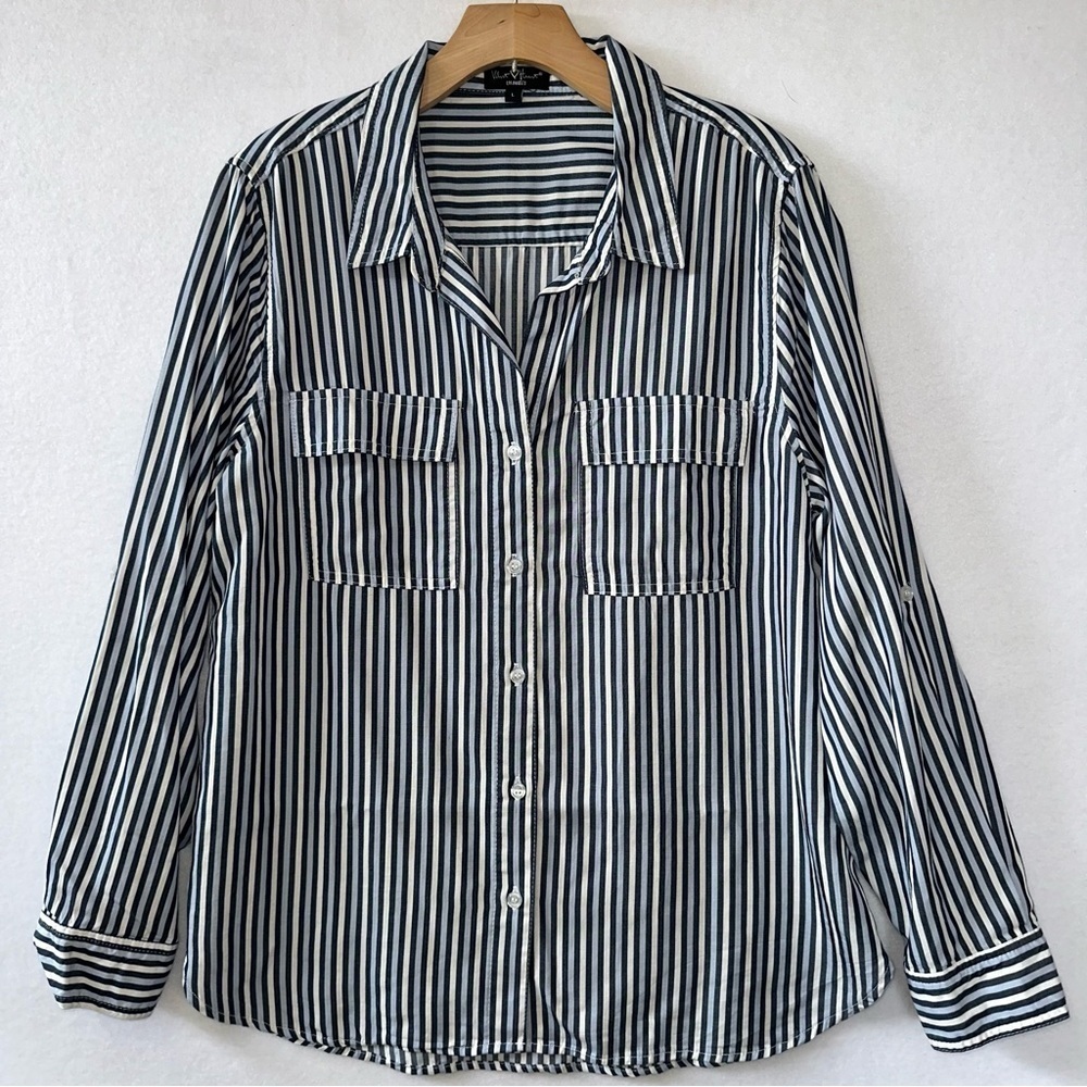 Velvet Heart Blue Striped Button Front Roll Tab Top Size Large